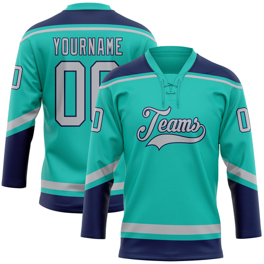 Custom Aqua Gray-Navy Hockey Lace Neck Jersey - Sky-Custom