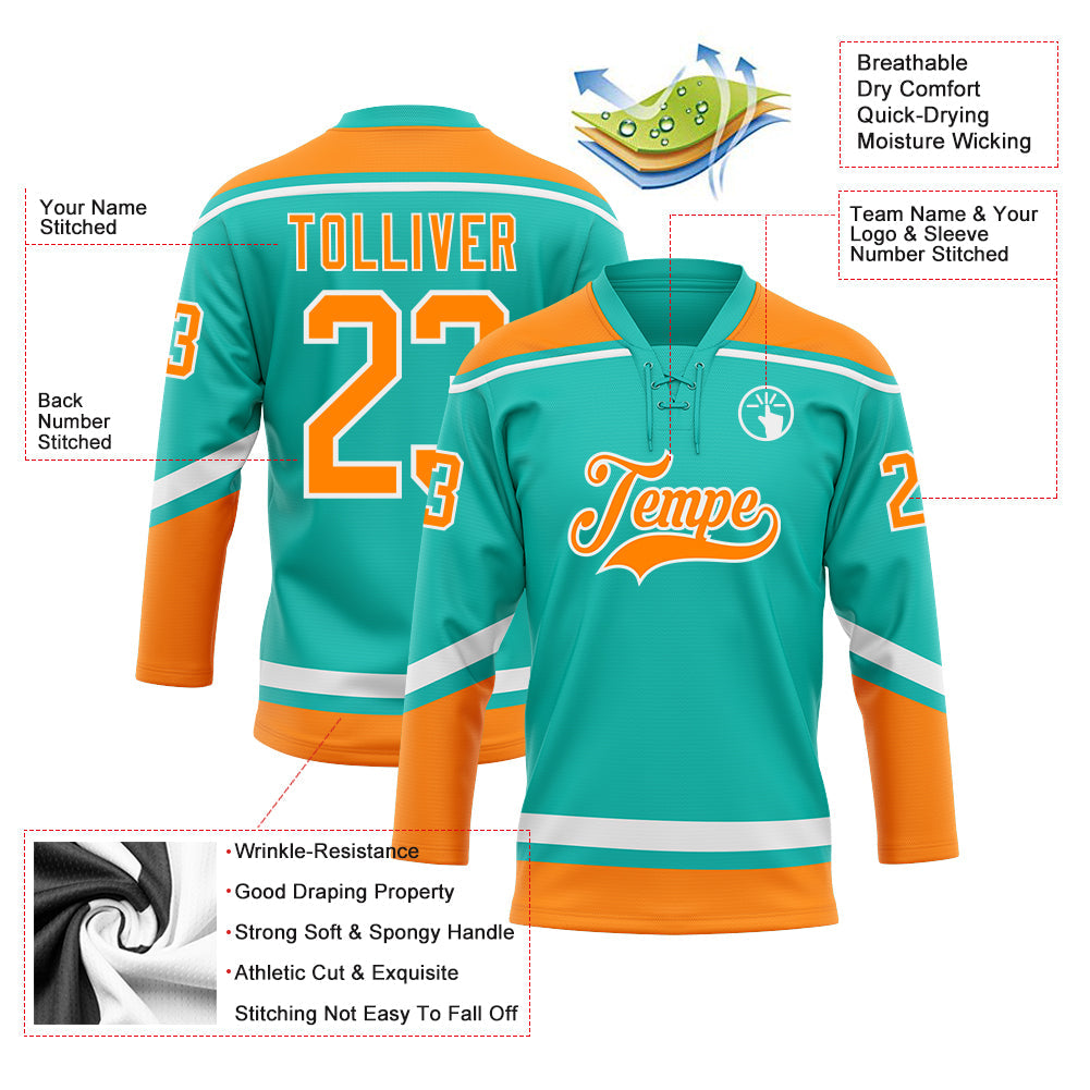 Custom Aqua Bay Orange-White Hockey Lace Neck Jersey - Sky-Custom