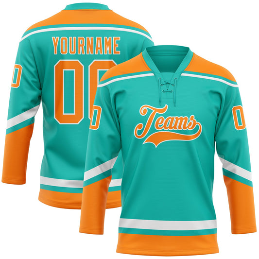 Custom Aqua Bay Orange-White Hockey Lace Neck Jersey - Sky-Custom
