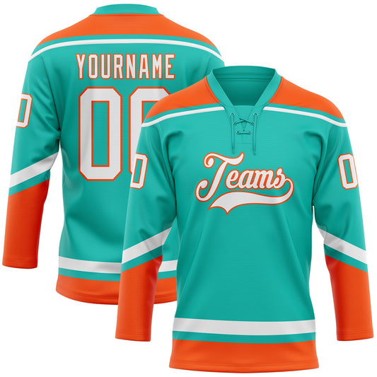 Custom Aqua White-Orange Hockey Lace Neck Jersey - Sky-Custom