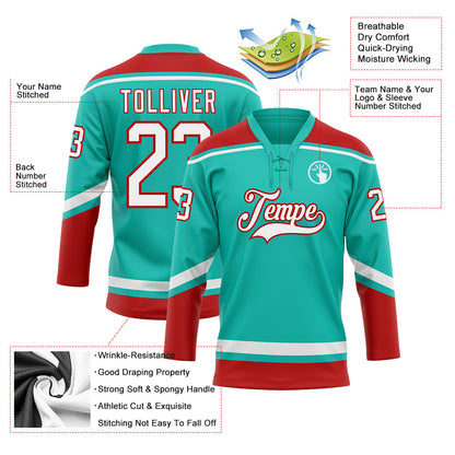 Custom Aqua White-Red Hockey Lace Neck Jersey - Sky-Custom