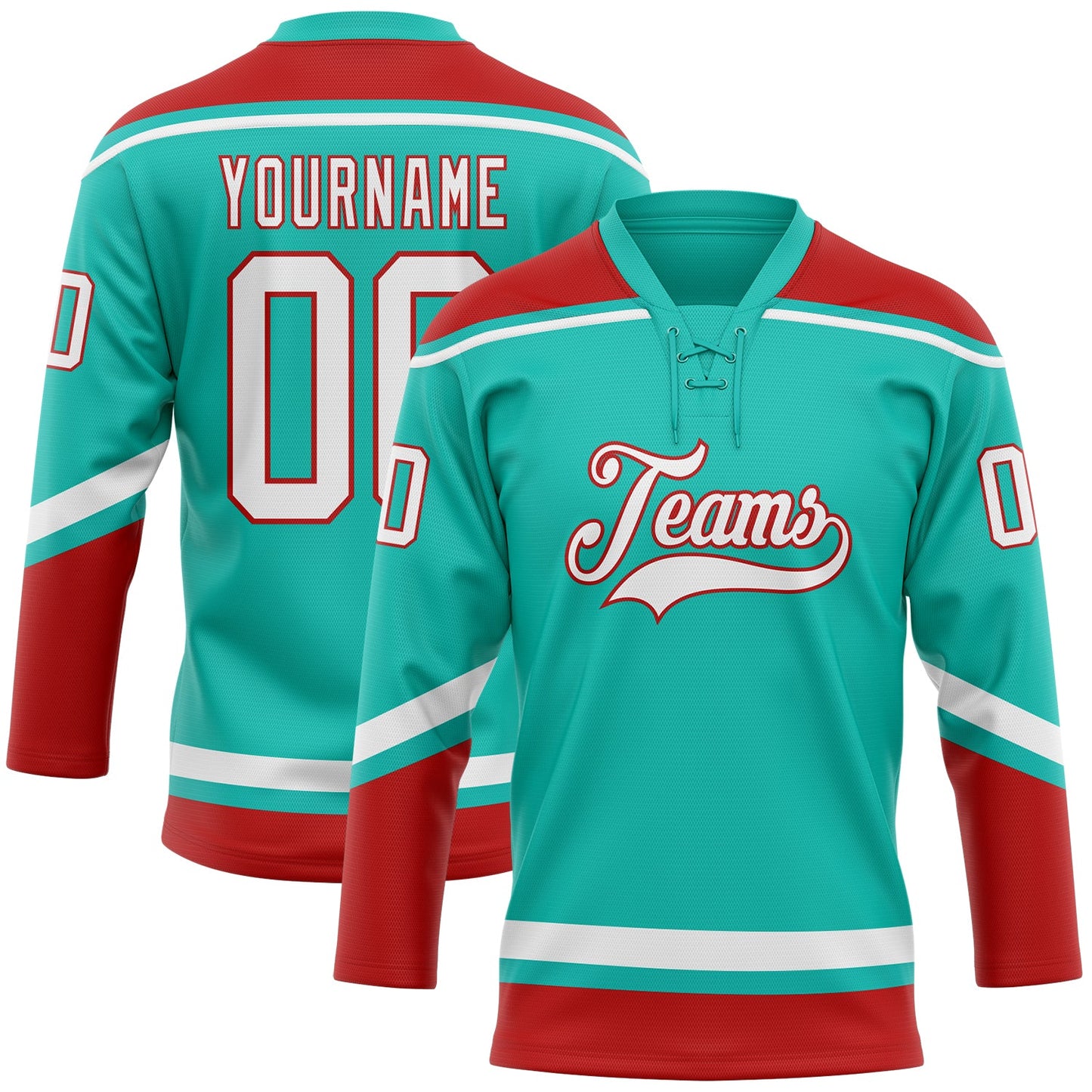 Custom Aqua White-Red Hockey Lace Neck Jersey - Sky-Custom