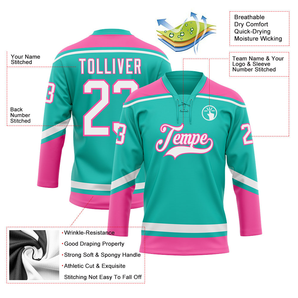 Custom Aqua White-Pink Hockey Lace Neck Jersey - Sky-Custom