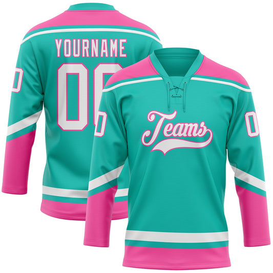 Custom Aqua White-Pink Hockey Lace Neck Jersey - Sky-Custom