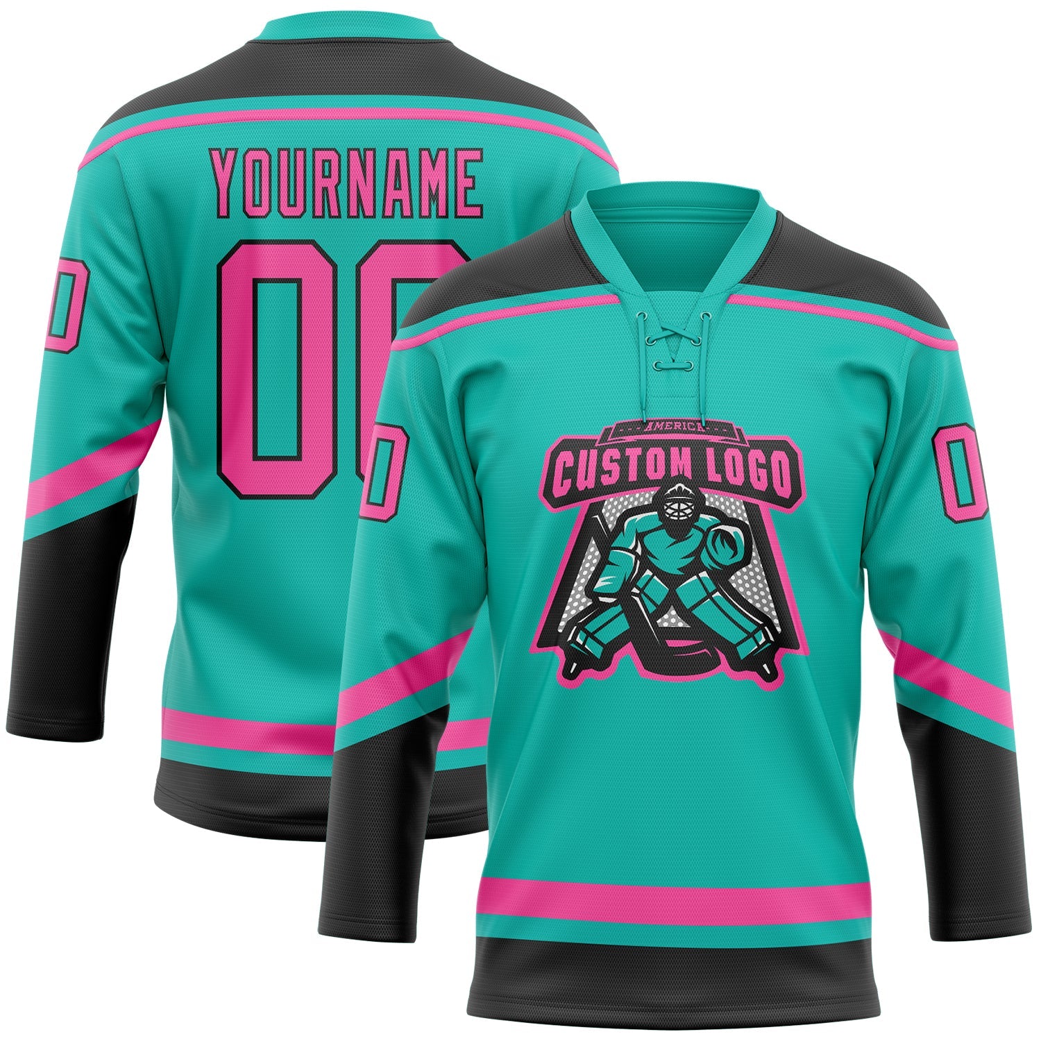 Custom Aqua Pink-Black Hockey Lace Neck Jersey - Sky-Custom