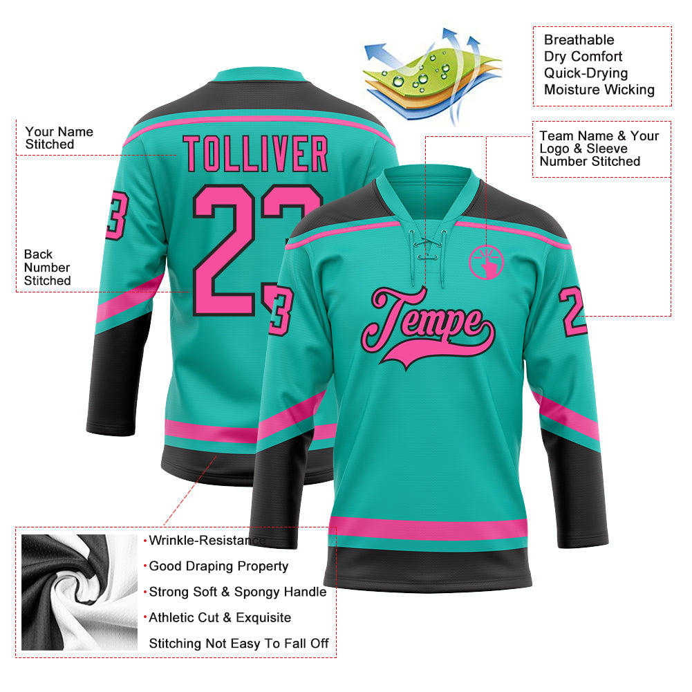 Custom Aqua Pink-Black Hockey Lace Neck Jersey - Sky-Custom
