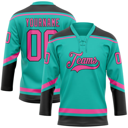 Custom Aqua Pink-Black Hockey Lace Neck Jersey - Sky-Custom