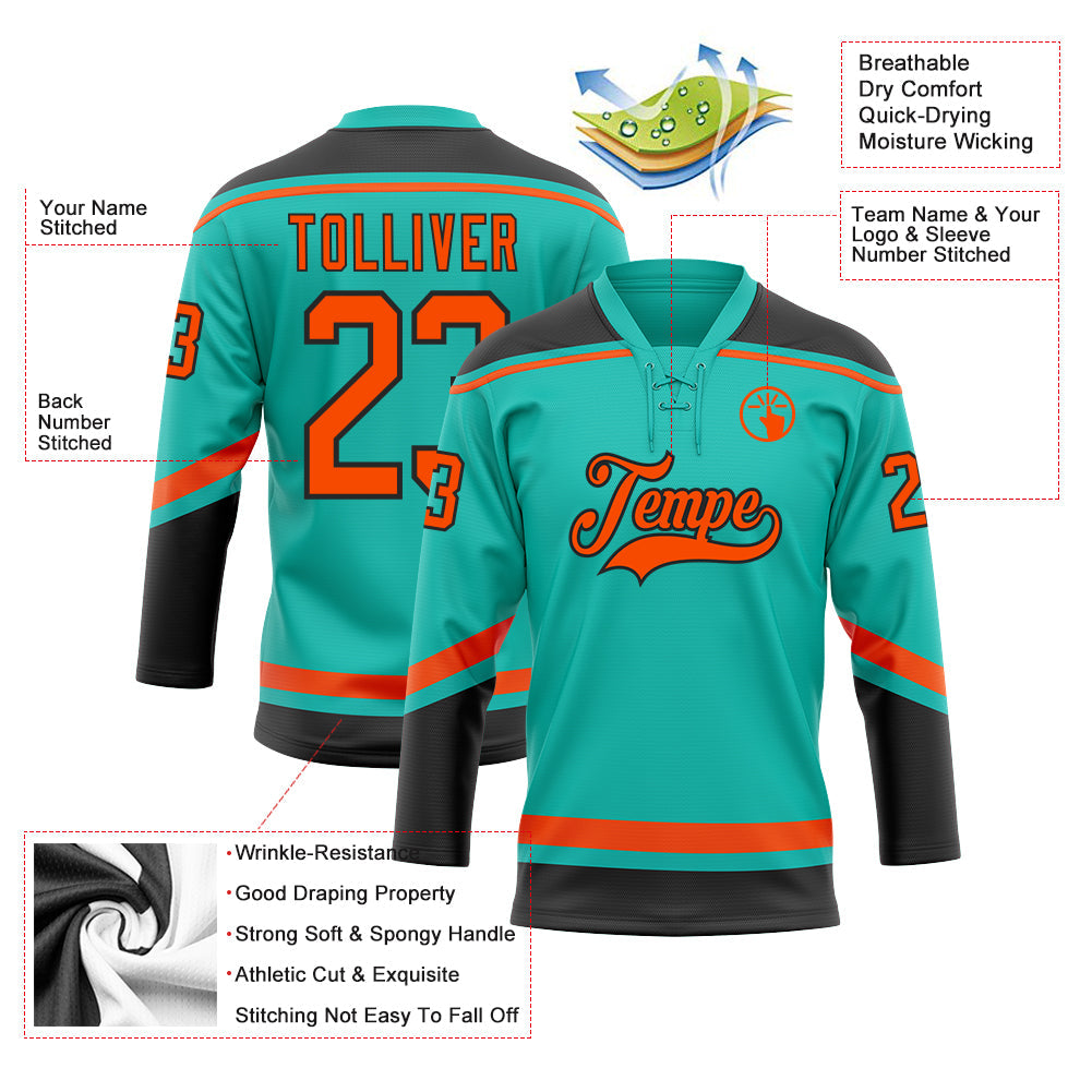 Custom Aqua Orange-Black Hockey Lace Neck Jersey - Sky-Custom