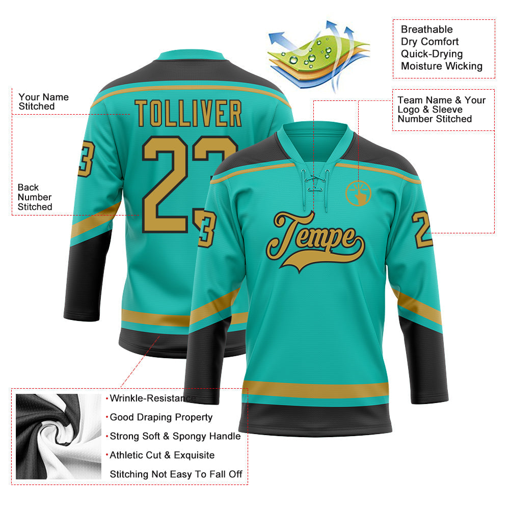 Custom Aqua Old Gold-Black Hockey Lace Neck Jersey - Sky-Custom