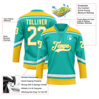Custom Aqua White-Yellow Hockey Lace Neck Jersey - Sky-Custom