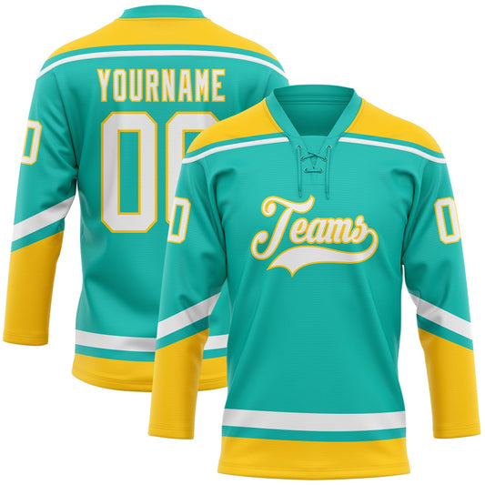 Custom Aqua White-Yellow Hockey Lace Neck Jersey - Sky-Custom