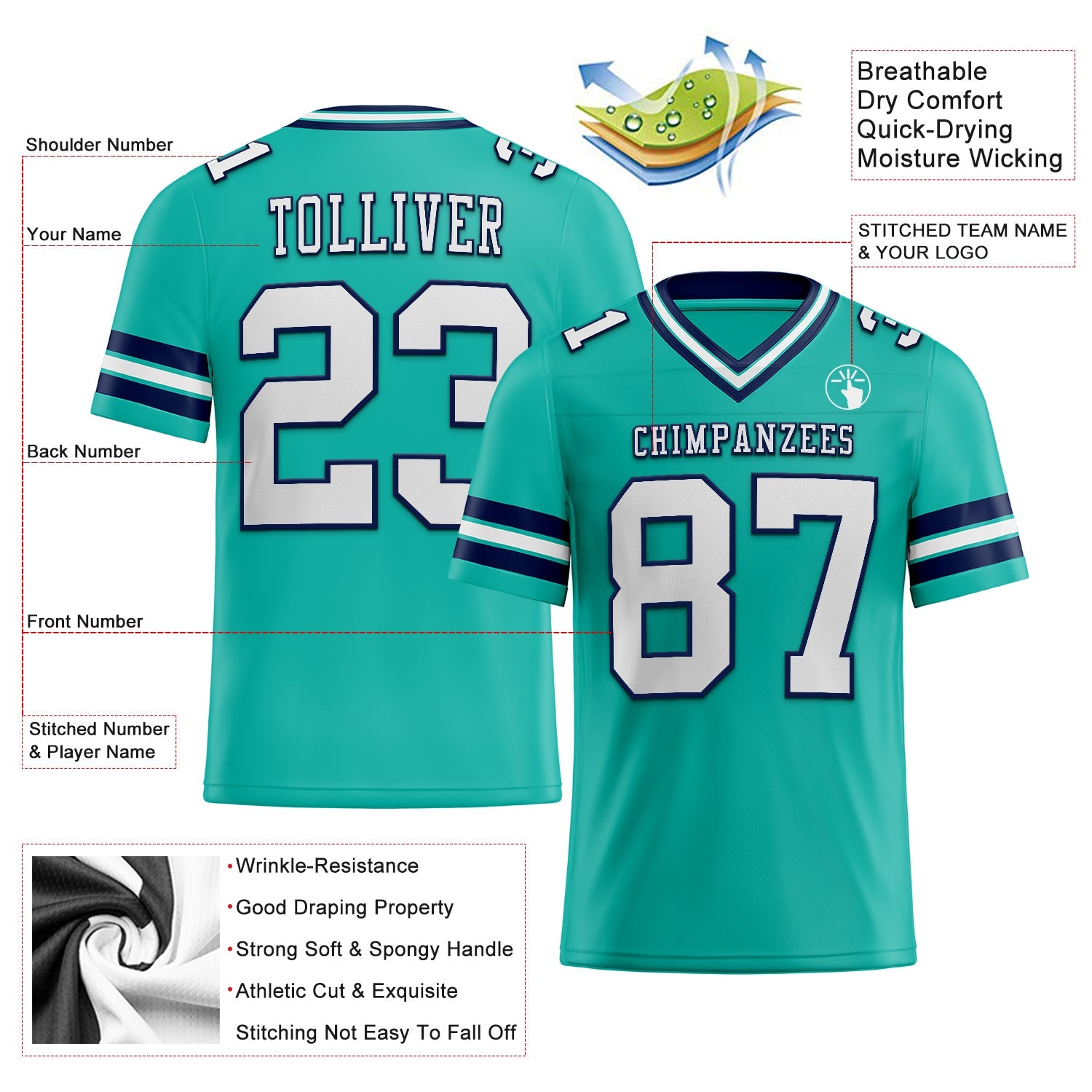 Custom Aqua White-Navy Mesh Authentic Football Jersey - Sky-Custom