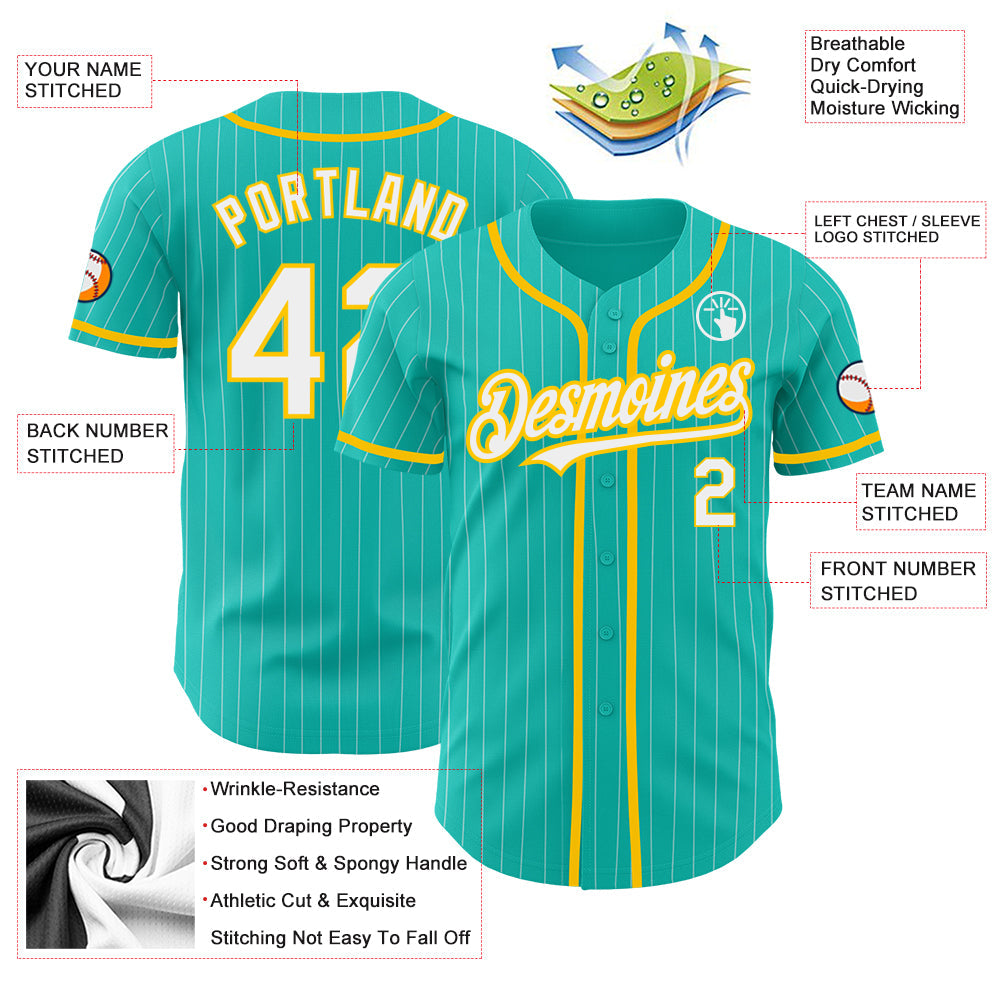 Custom Aqua White Pinstripe White-Yellow Authentic Baseball Jersey - Sky-Custom