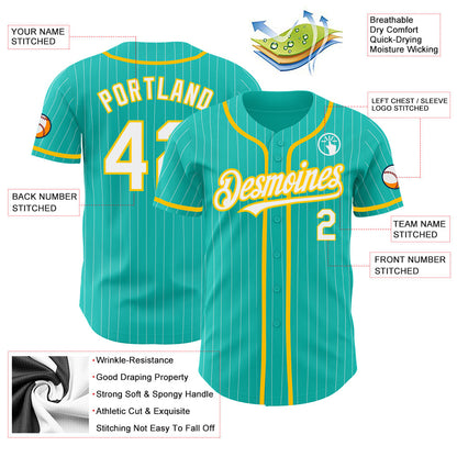 Custom Aqua White Pinstripe White-Yellow Authentic Baseball Jersey - Sky-Custom
