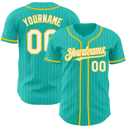 Custom Aqua White Pinstripe White-Yellow Authentic Baseball Jersey - Sky-Custom