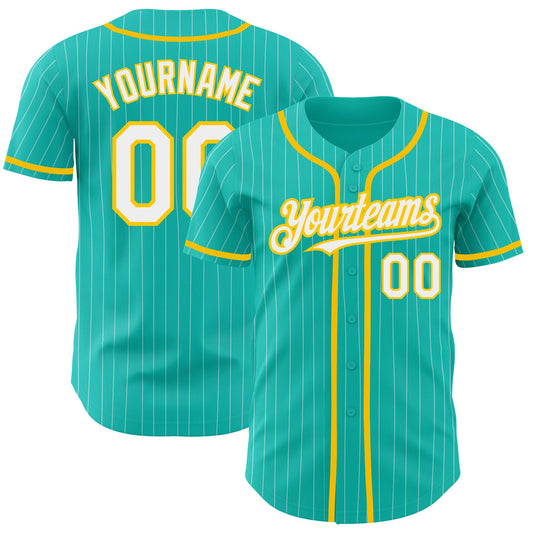 Custom Aqua White Pinstripe White-Yellow Authentic Baseball Jersey - Sky-Custom