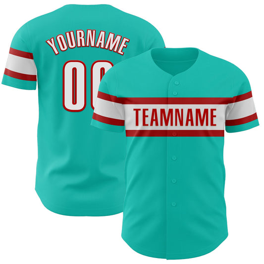 Custom Aqua White-Red Authentic Baseball Jersey - Sky-Custom
