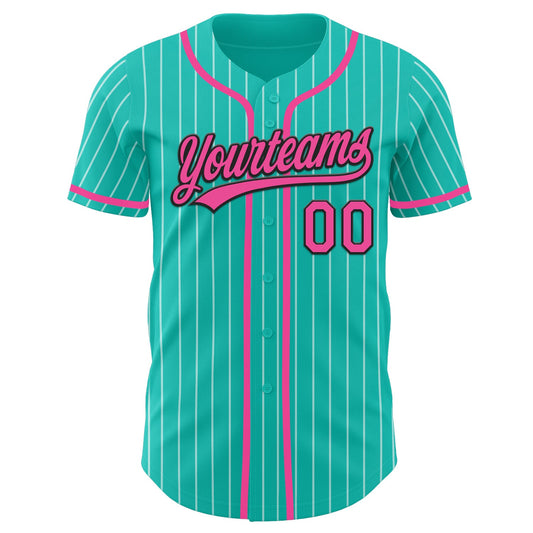 Custom Aqua White Pinstripe Pink-Black Authentic Baseball Jersey - Sky-Custom