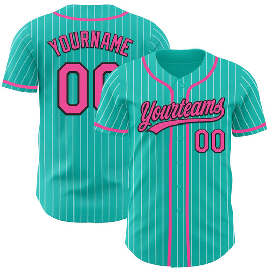 Custom Aqua White Pinstripe Pink-Black Authentic Baseball Jersey - Sky-Custom