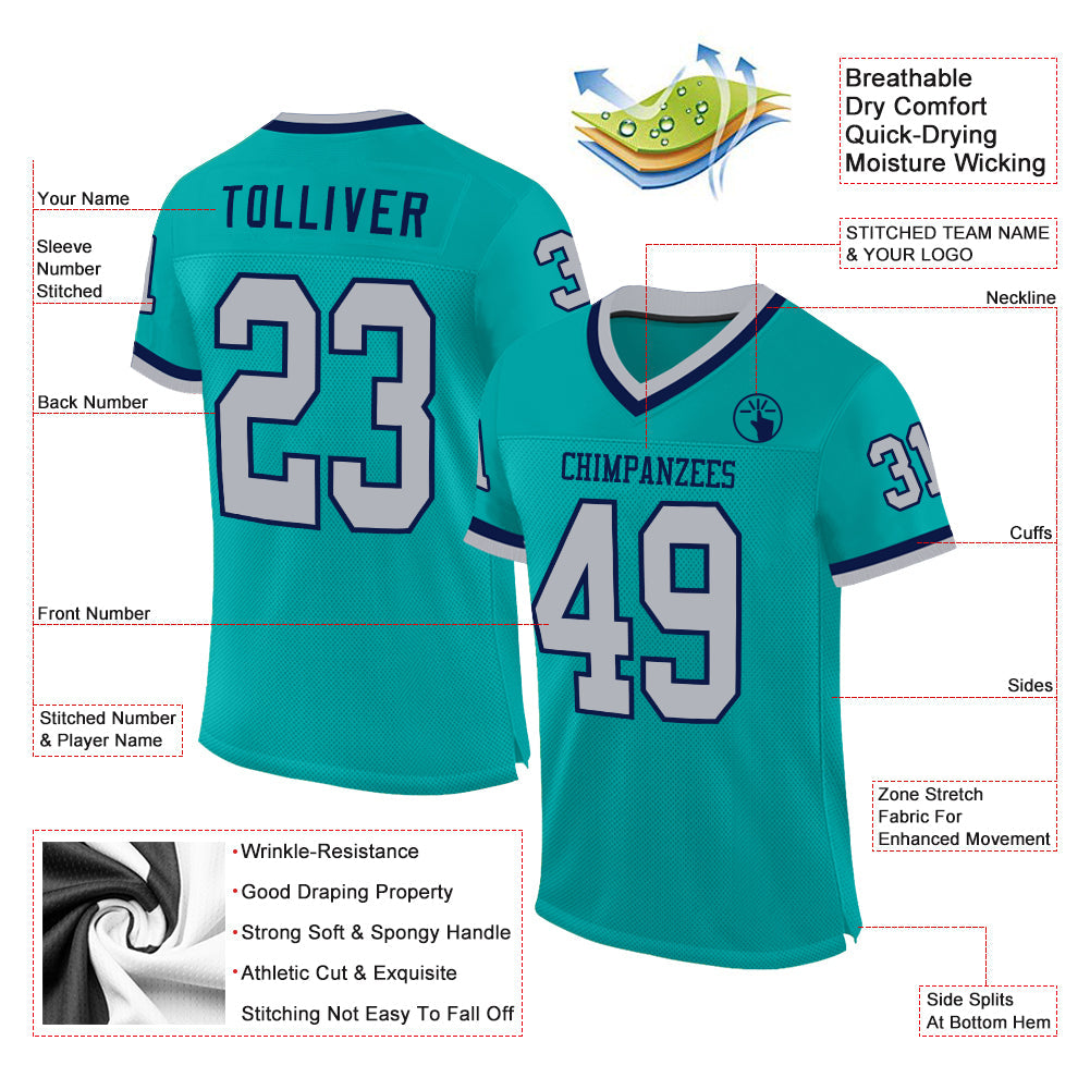 Custom Aqua Gray-Navy Mesh Authentic Throwback Football Jersey - Sky-Custom