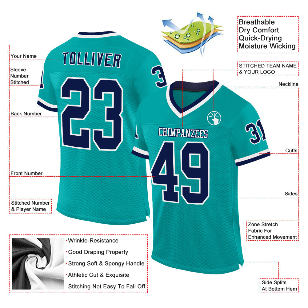 Custom Aqua Navy-White Mesh Authentic Throwback Football Jersey - Sky-Custom