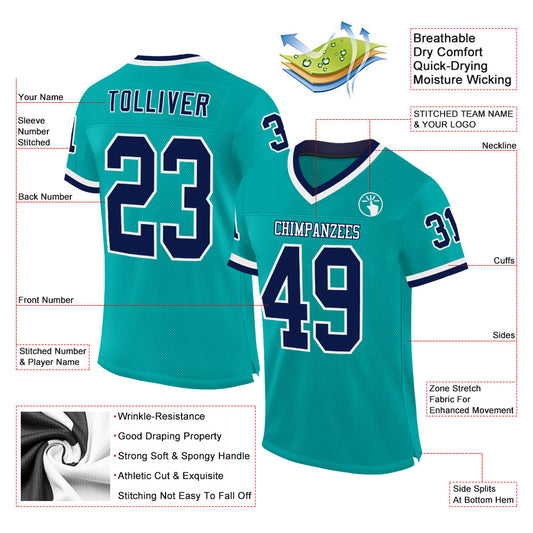 Custom Aqua Navy-White Mesh Authentic Throwback Football Jersey - Sky-Custom