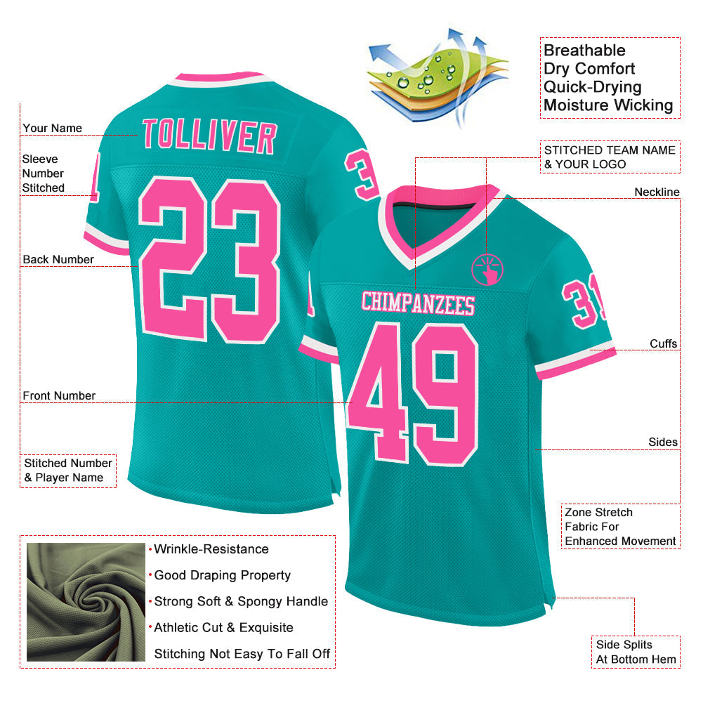 Custom Aqua Pink-White Mesh Authentic Throwback Football Jersey - Sky-Custom