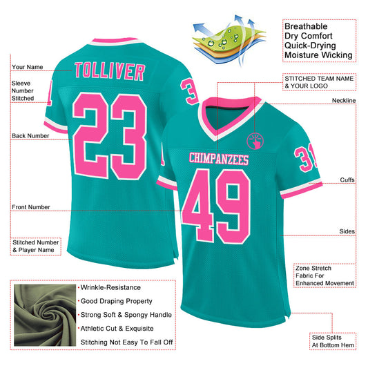 Custom Aqua Pink-White Mesh Authentic Throwback Football Jersey - Sky-Custom