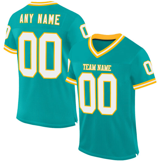 Custom Aqua White-Gold Mesh Authentic Throwback Football Jersey - Sky-Custom