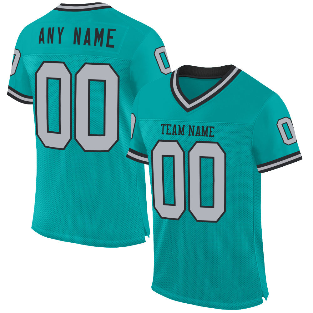 Custom Aqua Gray-Black Mesh Authentic Throwback Football Jersey - Sky-Custom