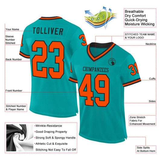 Custom Aqua Orange-Black Mesh Authentic Throwback Football Jersey - Sky-Custom