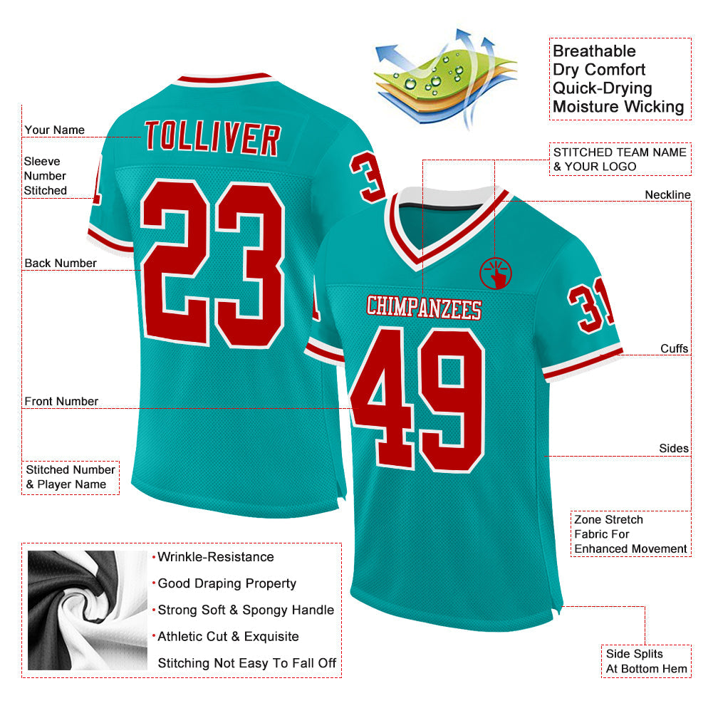 Custom Aqua Red-White Mesh Authentic Throwback Football Jersey - Sky-Custom
