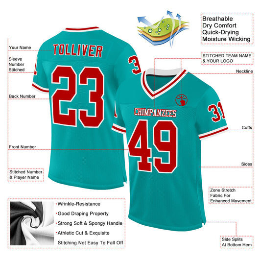 Custom Aqua Red-White Mesh Authentic Throwback Football Jersey - Sky-Custom