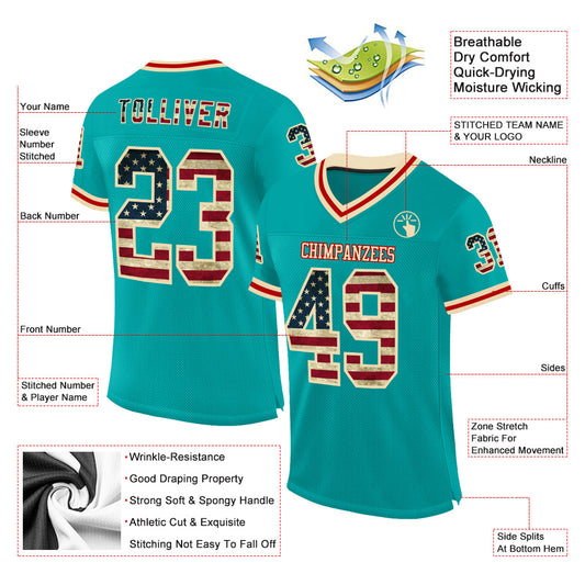 Custom Aqua Vintage USA Flag Cream-Red Mesh Authentic Throwback Football Jersey - Sky-Custom