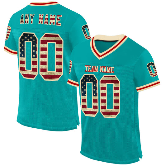 Custom Aqua Vintage USA Flag Cream-Red Mesh Authentic Throwback Football Jersey - Sky-Custom