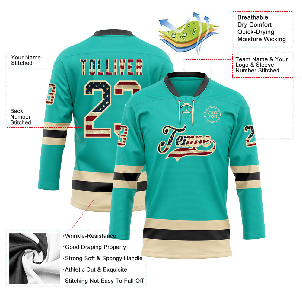 Custom Aqua Vintage USA Flag Cream-Black Hockey Lace Neck Jersey - Sky-Custom