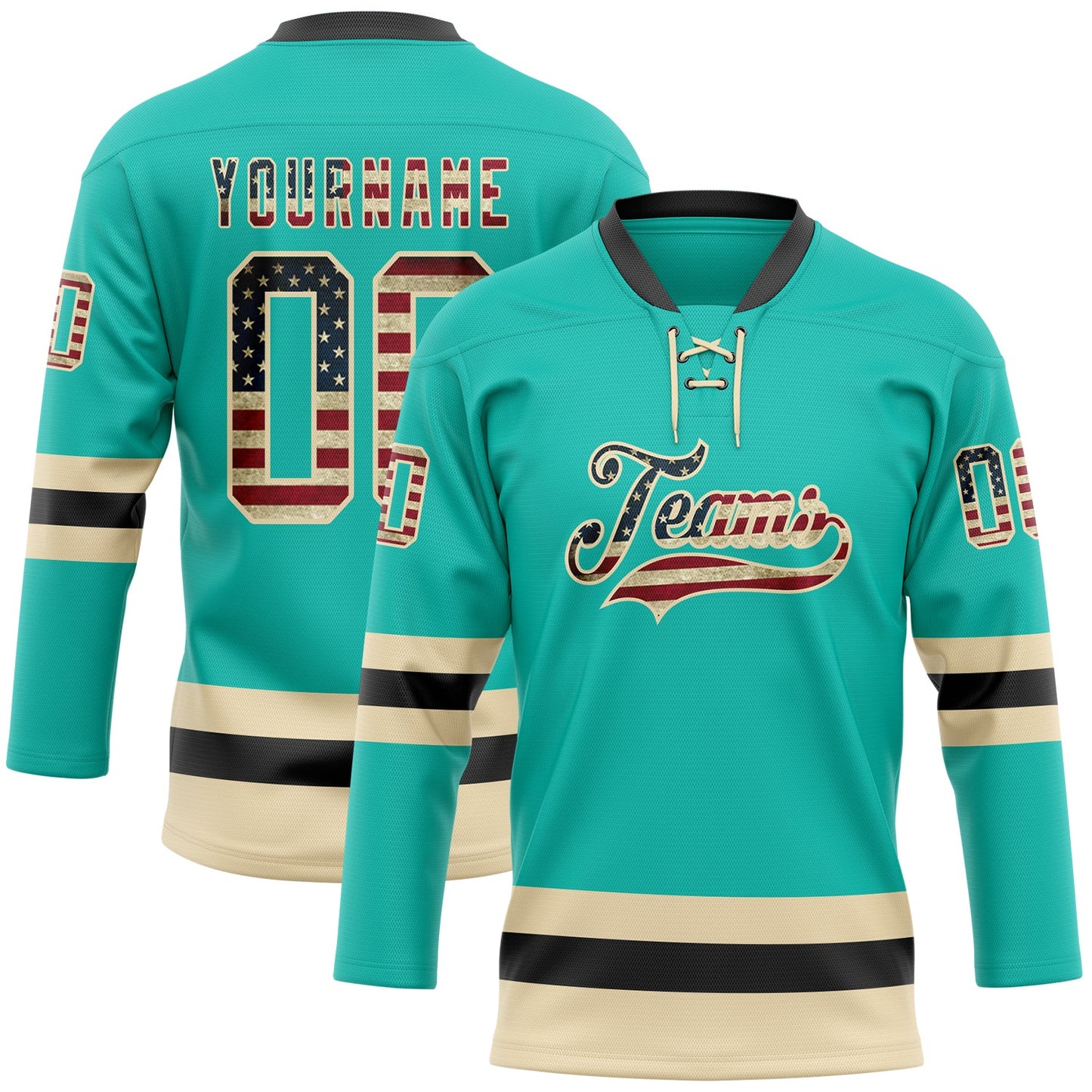 Custom Aqua Vintage USA Flag Cream-Black Hockey Lace Neck Jersey - Sky-Custom