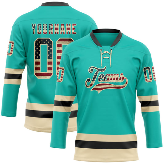Custom Aqua Vintage USA Flag Cream-Black Hockey Lace Neck Jersey - Sky-Custom