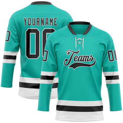 Custom Aqua Black-White Hockey Lace Neck Jersey - Sky-Custom