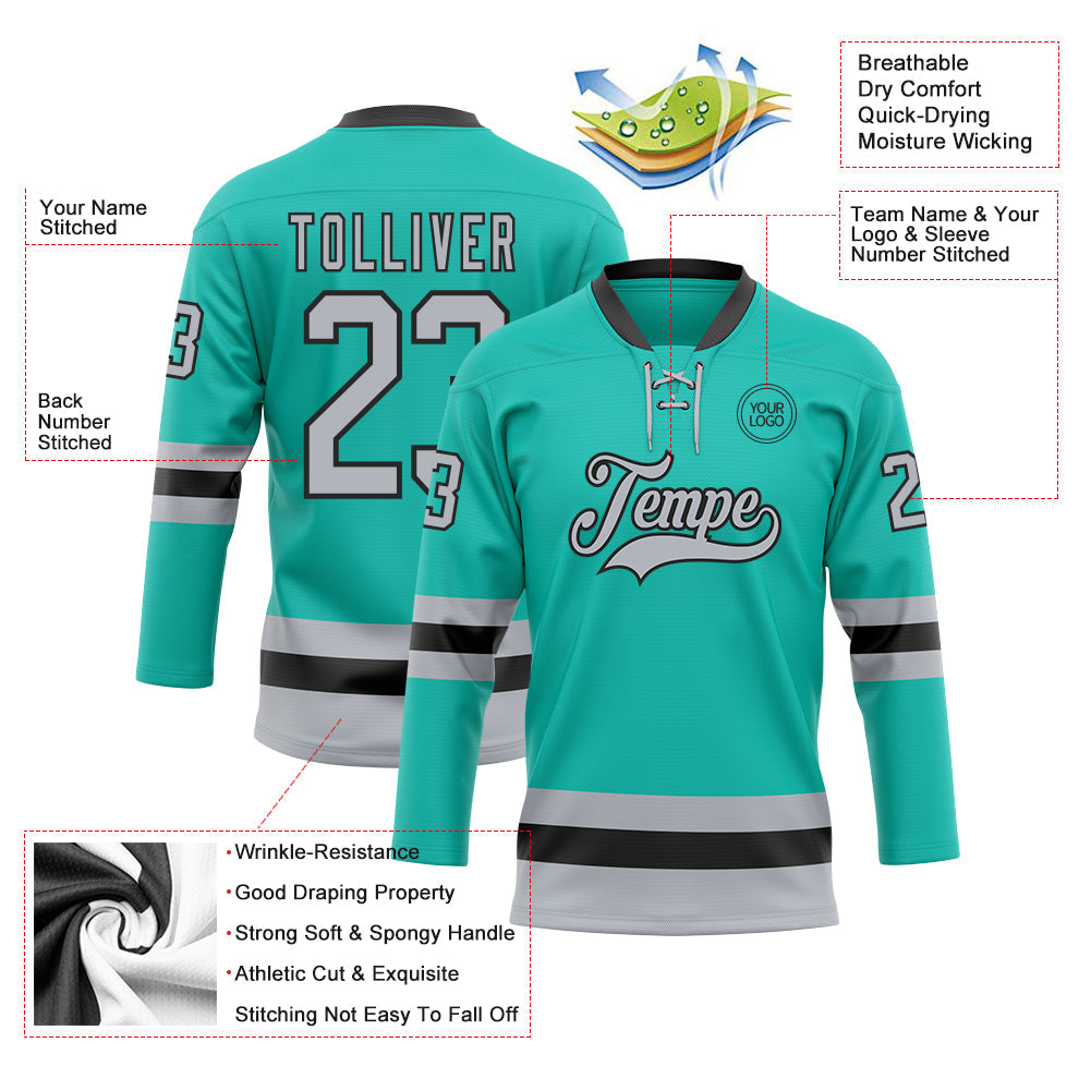 Custom Aqua Gray-Black Hockey Lace Neck Jersey - Sky-Custom