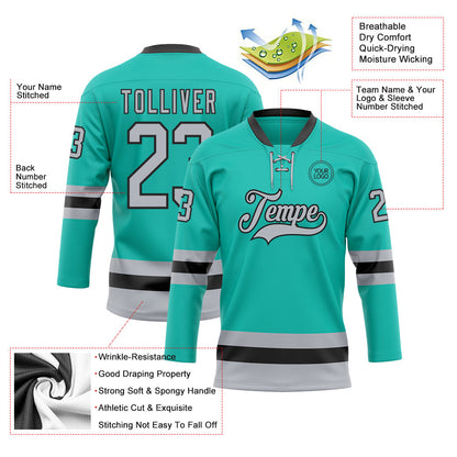 Custom Aqua Gray-Black Hockey Lace Neck Jersey - Sky-Custom