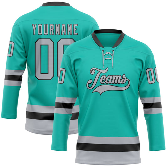 Custom Aqua Gray-Black Hockey Lace Neck Jersey - Sky-Custom