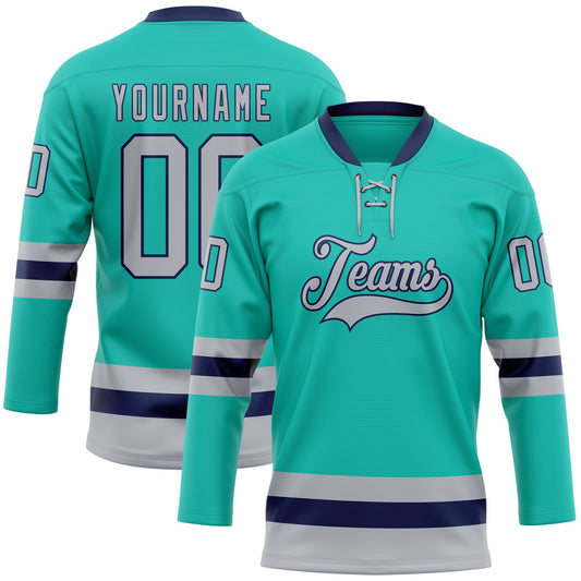 Custom Aqua Gray-Navy Hockey Lace Neck Jersey - Sky-Custom