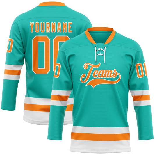 Custom Aqua Bay Orange-White Hockey Lace Neck Jersey - Sky-Custom