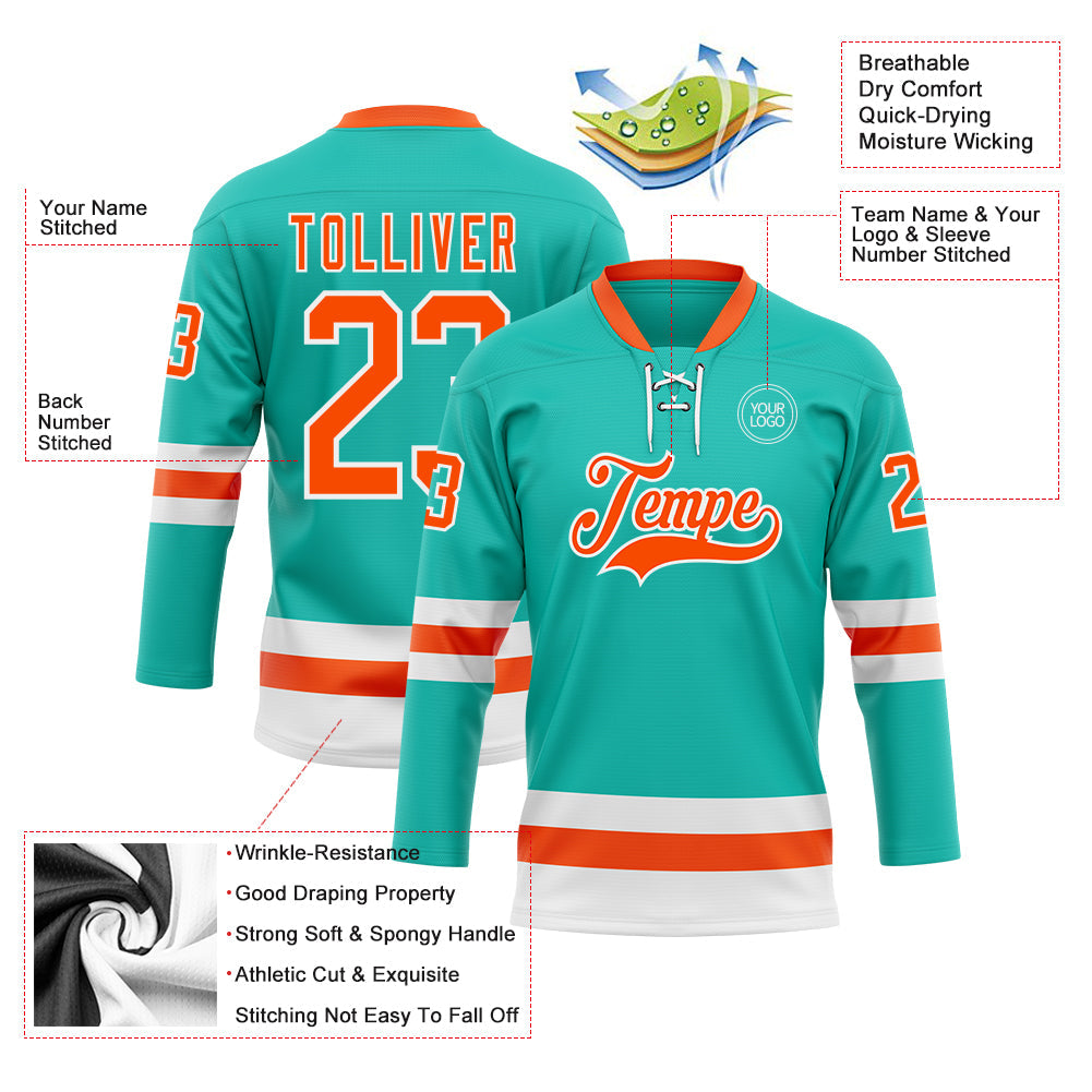 Custom Aqua Orange-White Hockey Lace Neck Jersey - Sky-Custom