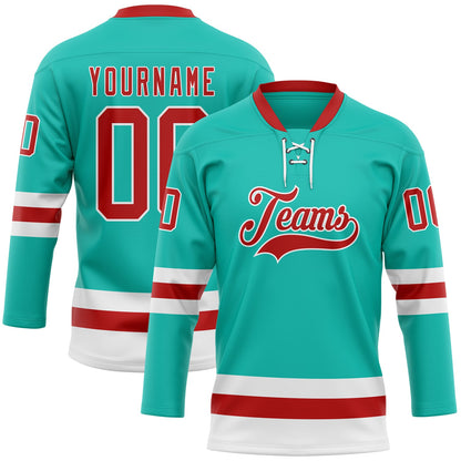 Custom Aqua Red-White Hockey Lace Neck Jersey - Sky-Custom