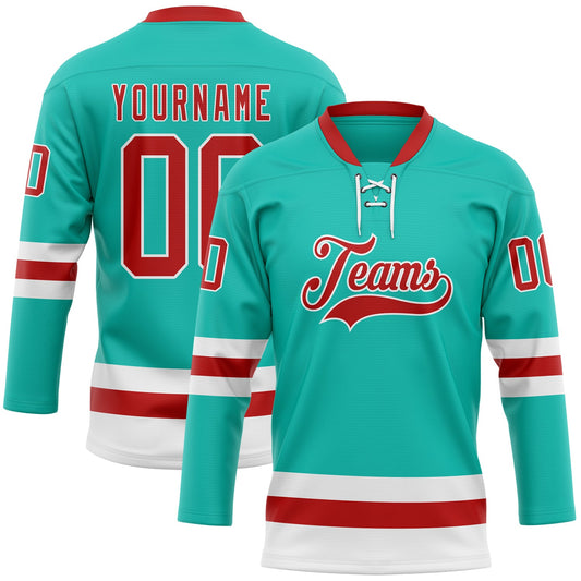 Custom Aqua Red-White Hockey Lace Neck Jersey - Sky-Custom