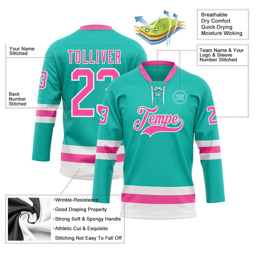 Custom Aqua Pink-White Hockey Lace Neck Jersey - Sky-Custom