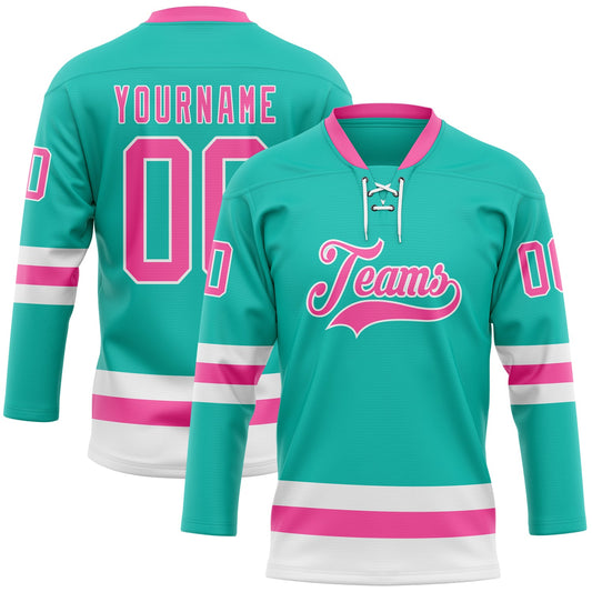 Custom Aqua Pink-White Hockey Lace Neck Jersey - Sky-Custom