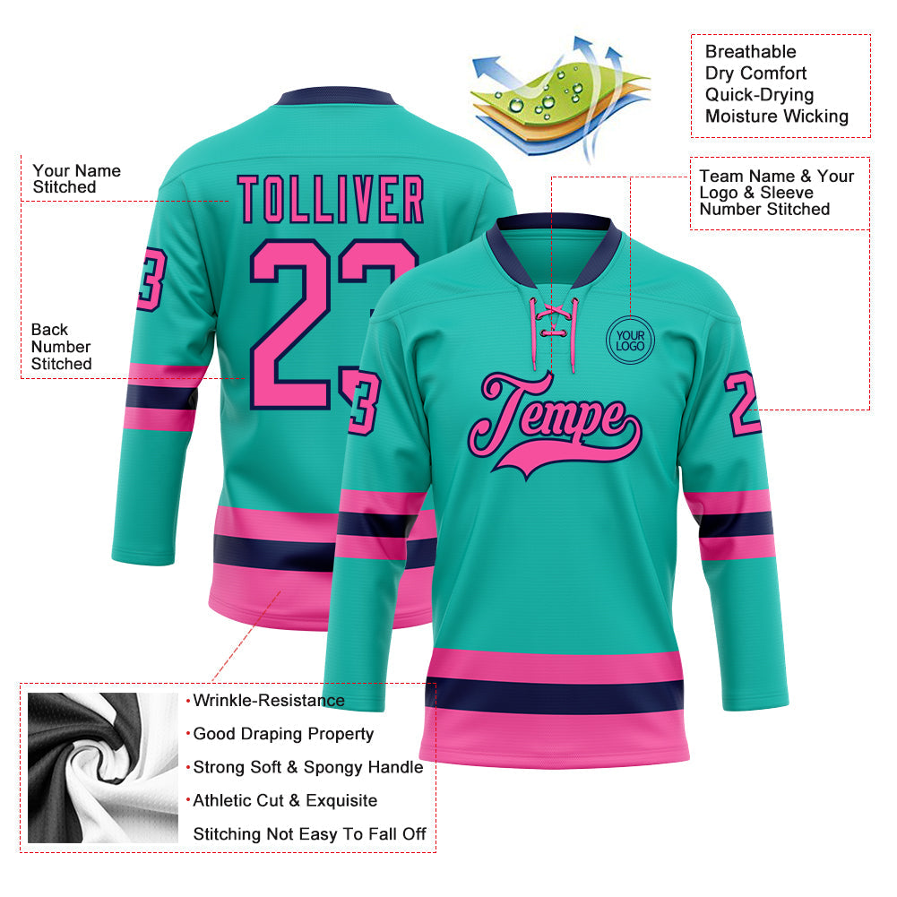 Custom Aqua Pink-Navy Hockey Lace Neck Jersey - Sky-Custom